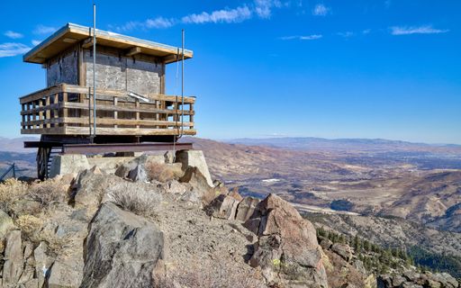 The abandoned Verdi Peak fire lookout sits overlooking the arid Truckee Meadows.