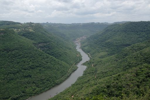 A beautiful shot of a river flowing in the middle of the green mountains under the clear sky