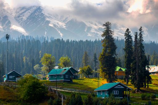 An aerial beautiful view of houses surrounded by dense trees in background of snow covered mountains