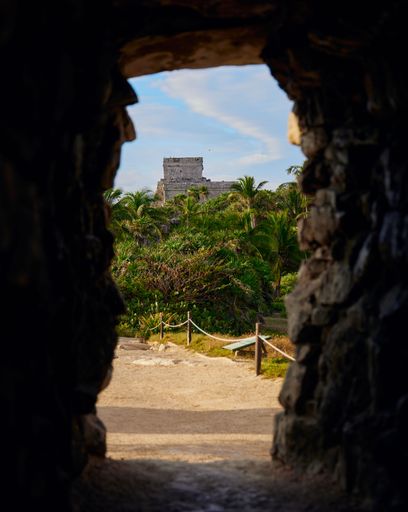 A vertical shot of the Maya ruins in Tulum, Quintana Roo, Mexico