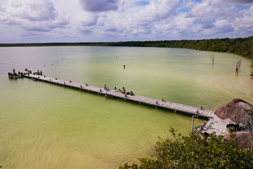 An aerial view of a boardwalk on the Cenote Lagoon Kaan Luum  in Tulum, Quintana Roo, Mexico