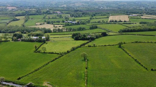 An aerial shot of large Green Irish farmland with trees and meadows