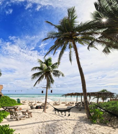 The idyllic sandy Tulum beach in Quintana Roo, Mexico