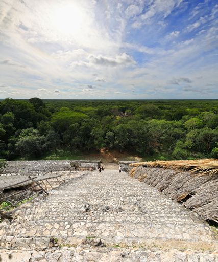 A vertical shot of the Maya pyramid ruins in Valladolid, Yucatan, Mexico