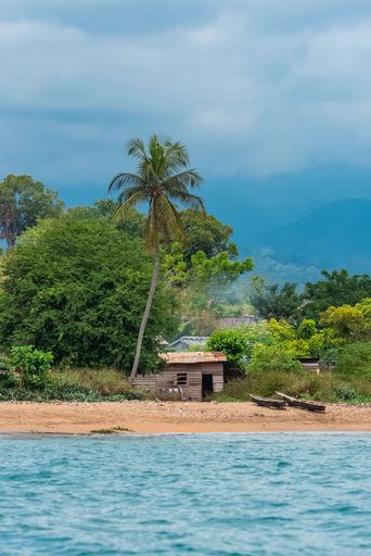 Sao Tome, traditional wooden dugouts on the beach in a fishermen's village