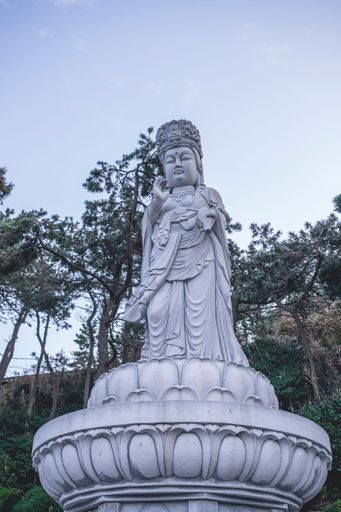 A vertical shot of a Guanyin white stone statue against trees