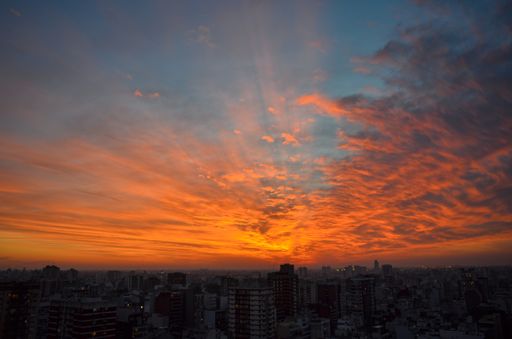A beautiful orange sunset over the city buildings