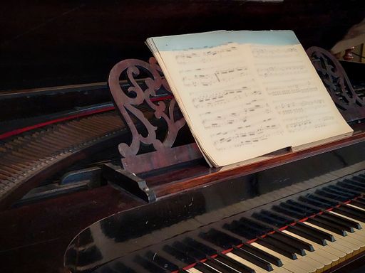 Piano with out of focus classical music sheet.