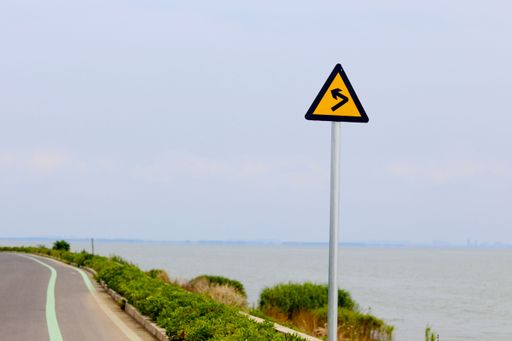 A yellow warning sign on a side of the road with a tranquil sea in the background