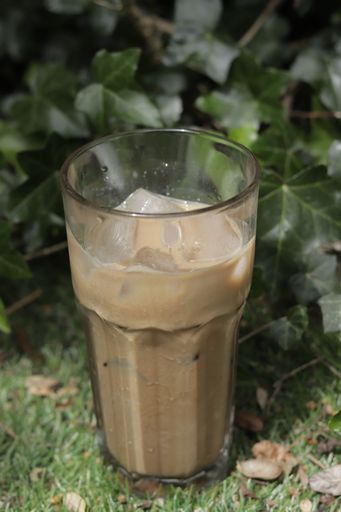 A vertical shot of glass of iced coffee on grassy ground