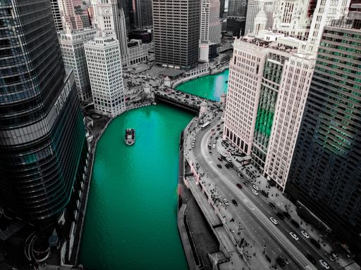 An aerial of the Chicago River on Saint Patrick's day.