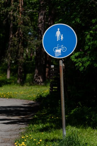 A vertical shot of a blue pedestrian and cyclist traffic sign by a path