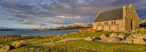 Late sun highlights Church of the Good Shepherd. Panorama photograph