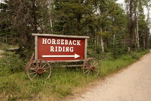 A red horseback riding sign with green trees in the background Jasper National Park, Canada