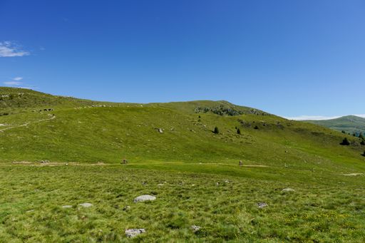 A beautiful shot of a large green hill under a bright blue sky in South Tyrol, Italy