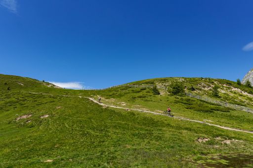 A beautiful shot of bikers going up a large green hill under a bright blue sky in South Tyrol, Italy