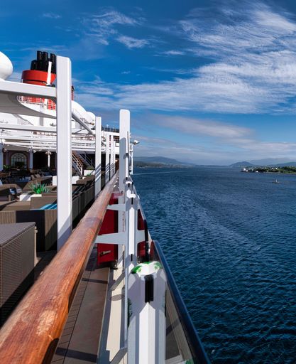 A closeup of Queen Victoria cruise ship berthed in Alesund, Norway