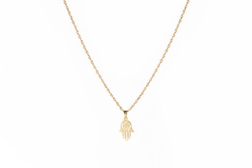 A closeup shot of a golden necklace on a white background