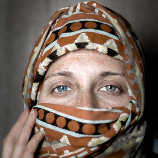 A Caucasian woman with different eye colors called Heterochromia and a headscarf