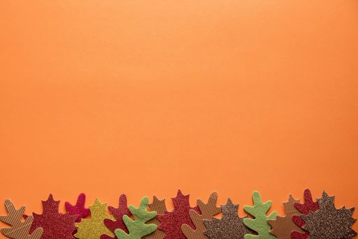 An overhead shot of an orange surface with cut out leaves on the bottom great for a background or writing text