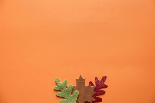 An overhead shot of an orange surface with cut out leaves on the bottom great for background