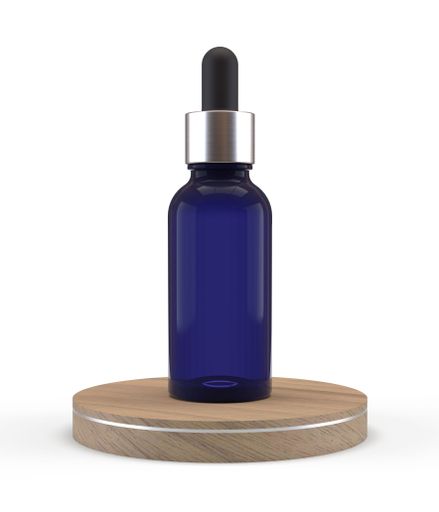 a 3d rendering of a blue glass bottle with a pipette on a wooden round board isolated on white background
