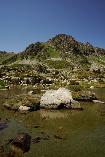 A vertical shot of a lake filled with a lot of rocks at daytime