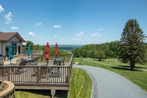 A wooden restaurant with closed umbrellas with tables and chairs surrounded by green grass and trees against a cloudy sky