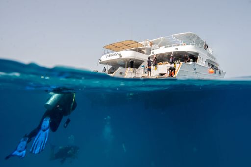 A pair of scuba divers underwater near their ship of divers