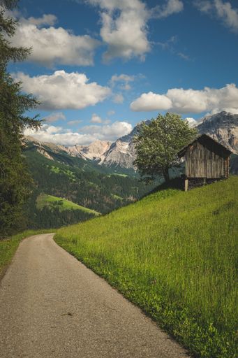 A vertical shot of a wooden hut on a hill with a path on the side and cloudy mountains in the background