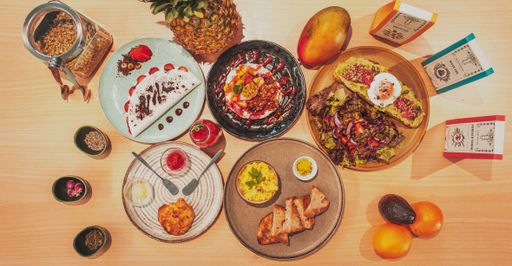 A top view of tasty dishes on a table