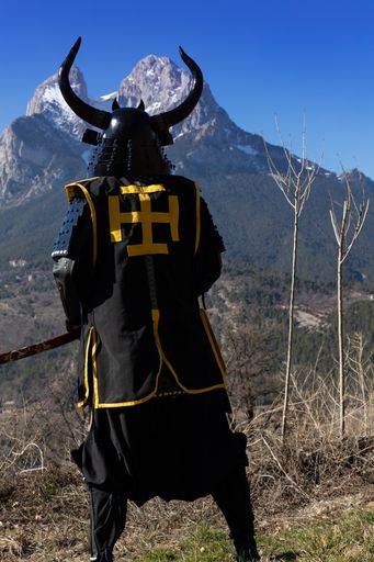 A Japanese Samurai warrior dressed in armor with a mesmerizing mountainous background
