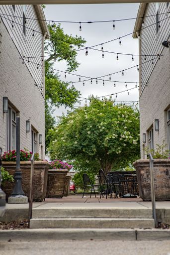 The vertical view of a table, chairs, and plants in the middle of buildings with lights decoration