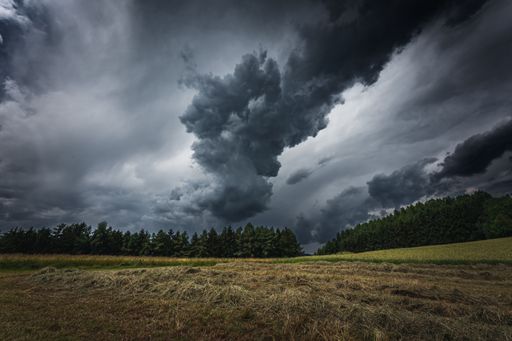 The dramatic thunderclouds over a field with green trees