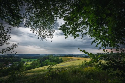 The dramatic thunderclouds over a field with green trees