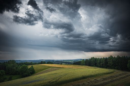 The dramatic thunderclouds over a field with green trees