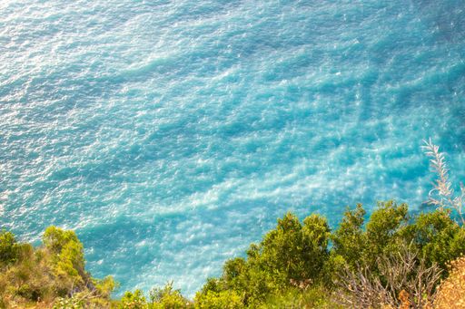 The turquoise waters of Crete island in Greece with vegetation on the shore