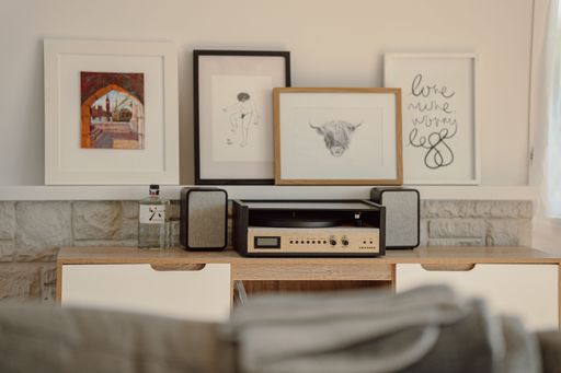 A view of a digital record player in a living room