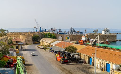 an aerial view of the port of Famagusta seen from the city wall Famagusta, Cyprus - April 24, 2022 -