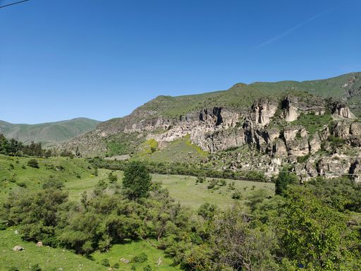 The cave monastery site in southern Georgia, Vardzia with a beautiful view of the Caucasus mountains.