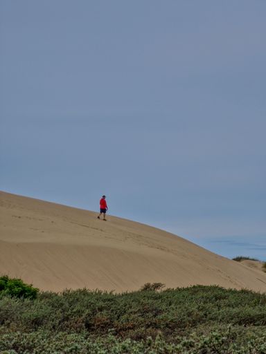 A tourist on the dunes under a cloudy sky