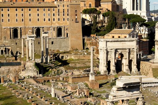 The ruins of a historical temple in Rome, Italy on a sunny day