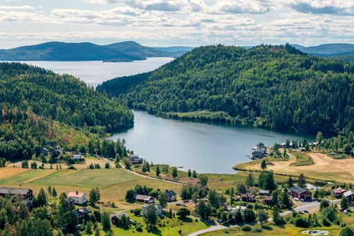 A high angle shot of rural houses on a shore of a lake surrounded by green hills