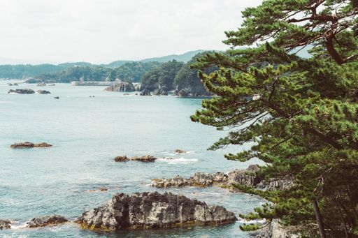A beautiful scenery of a sea with rocks on the surface surrounded by hills and forests