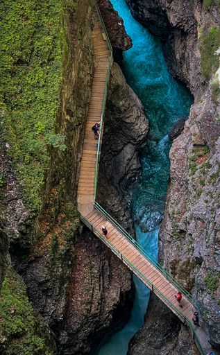 A top view of bridge through the Breitachklamm narrow gorge created by the river Breitach in Germany