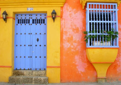 Balcony in focus of a Typical colonial building in the old town  of Cartagena in Colombia