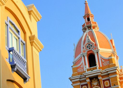Balcony in focus of a Typical colonial building in the old town  of Cartagena in Colombia