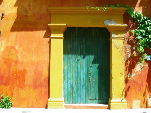 Balcony in focus of a Typical colonial building in the old town  of Cartagena in Colombia
