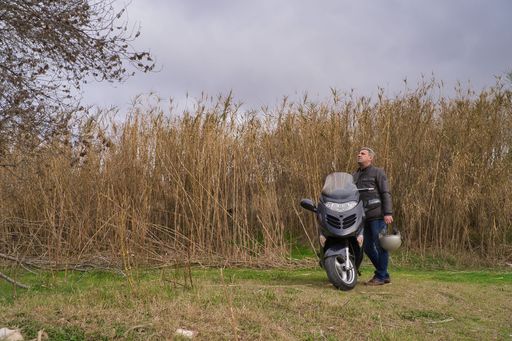 A Hispanic man with scooter in cane field