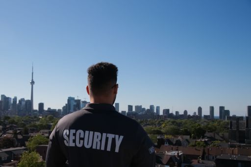 A closeup shot of the backside of a man wearing a security shirt and a modern city in the background